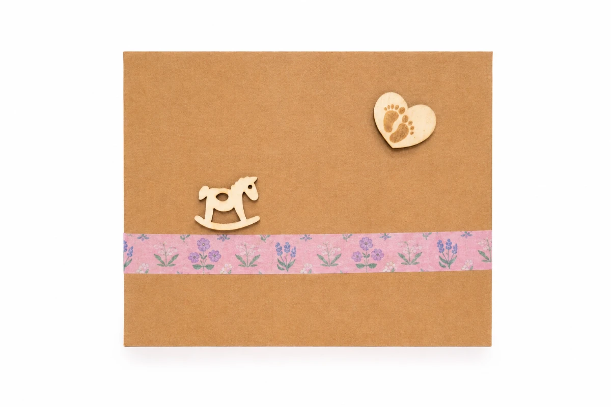 Kraft handmade baby greeting card with a rocking horse and tiny footprint heart