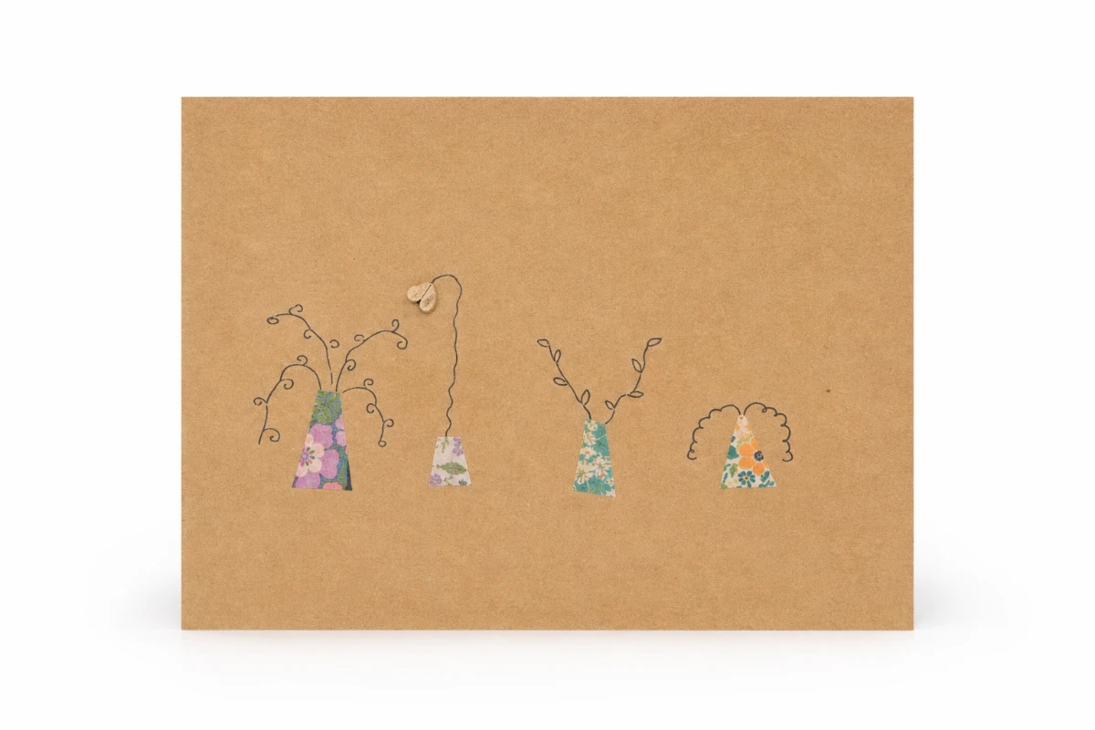 Kraft handmade greeting card featuring whimsical floral characters