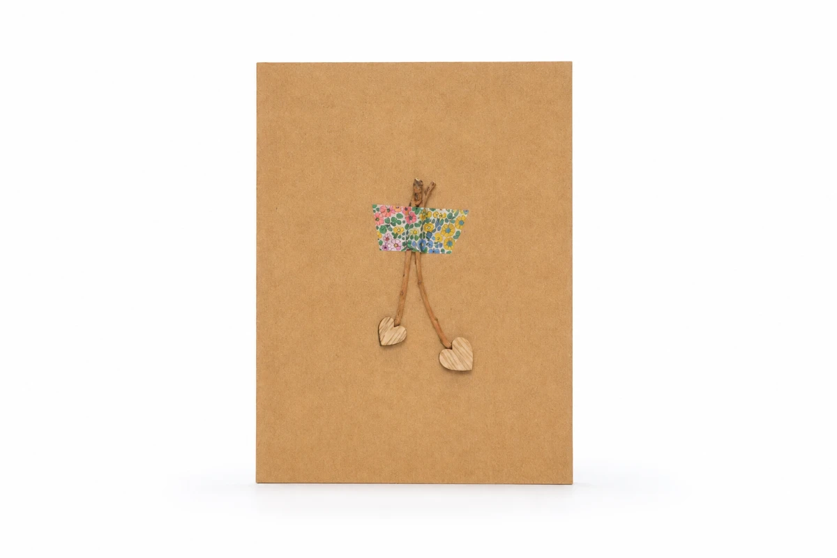 Kraft handmade greeting card with a floral dress figure and wooden heart feet