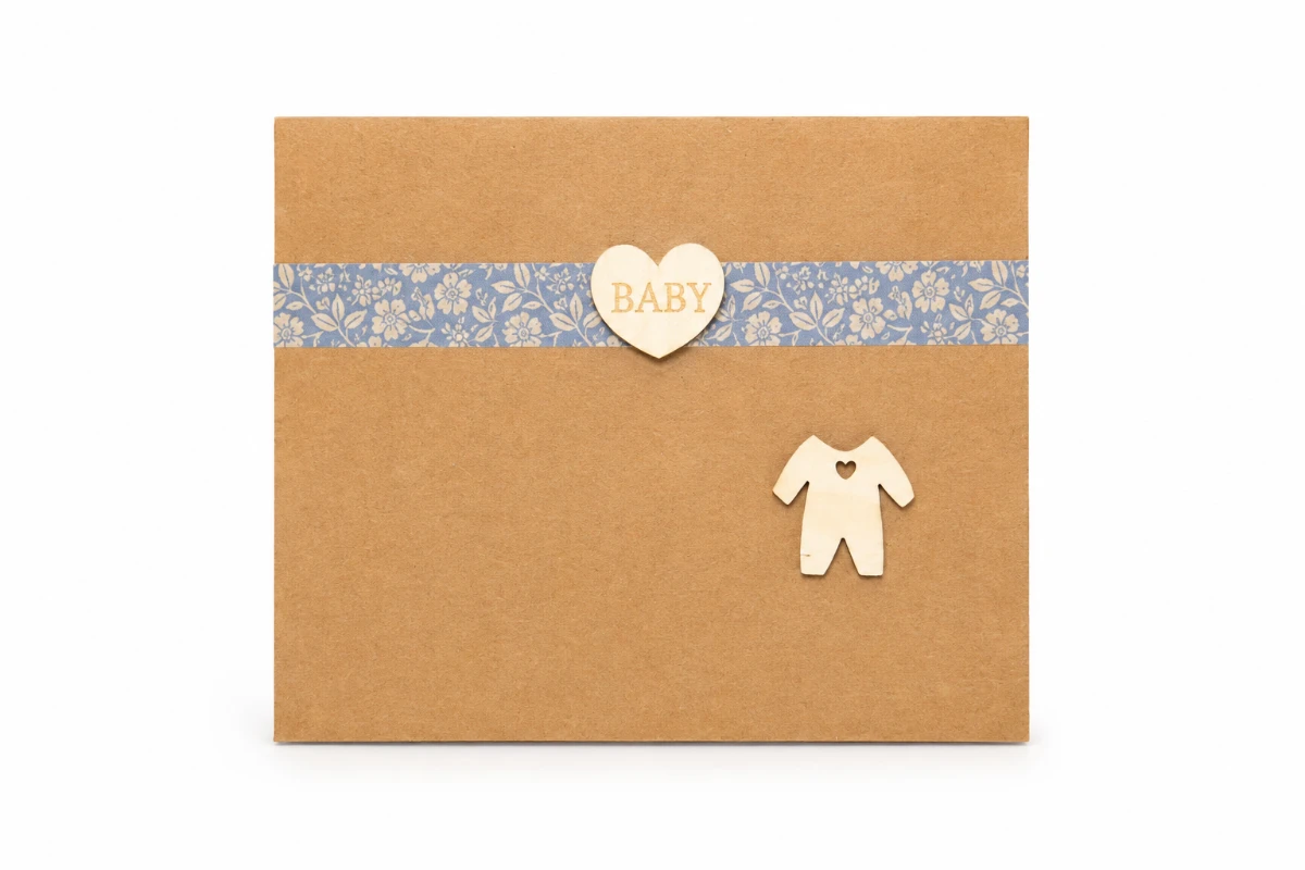 Kraft handmade baby greeting card with a wooden baby heart and romper