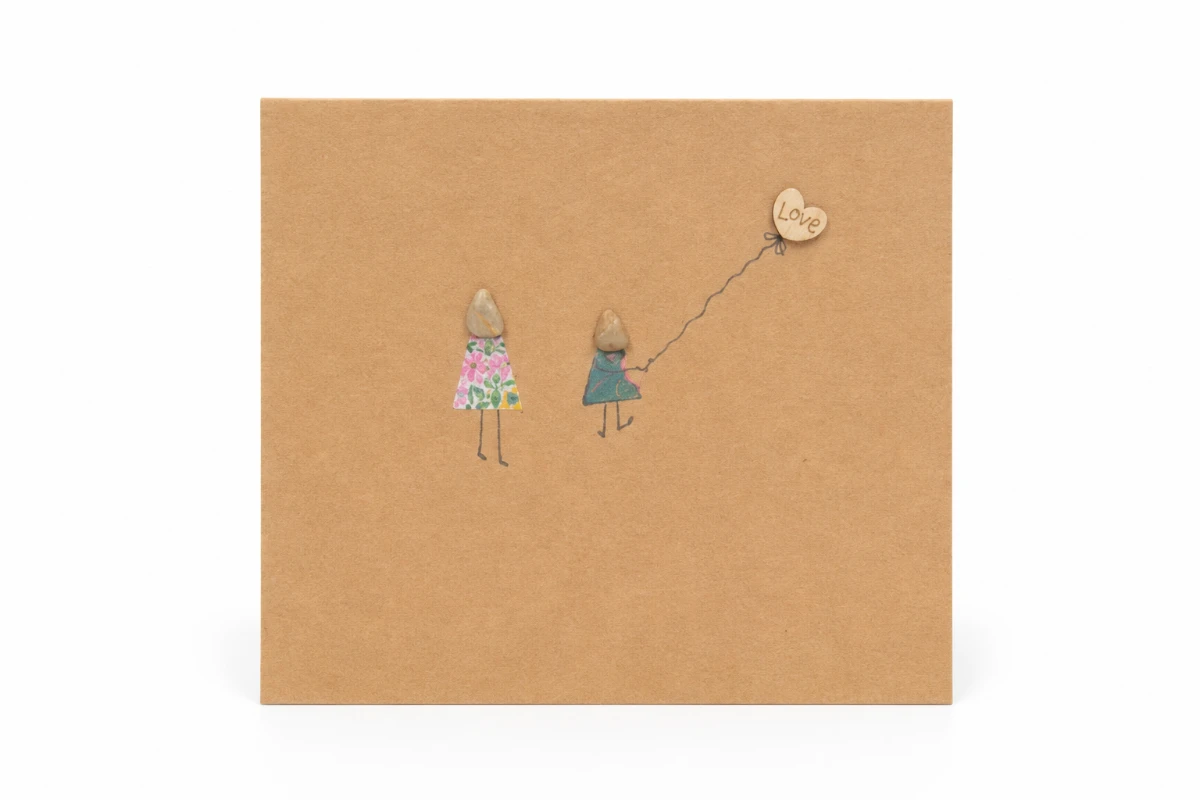 Kraft handmade greeting card featuring two pebble figures and a love balloon