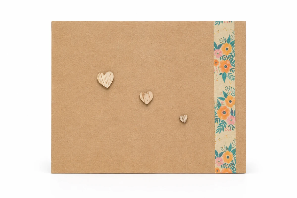 Kraft handmade greeting card decorated with three small wooden hearts