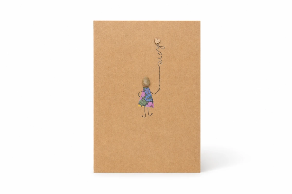 Kraft handmade greeting card featuring a pebble figure holding a heart balloon