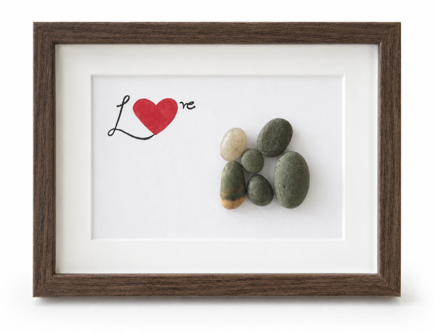 Handmade pebble family artwork with a love balloon and pet