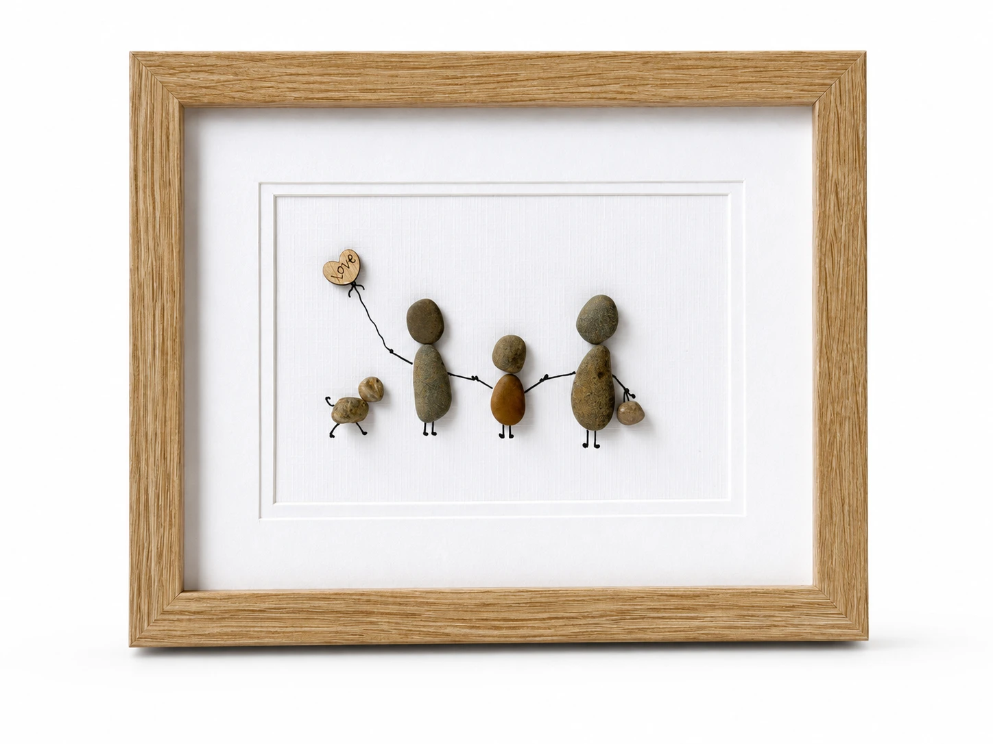 Custom pebble family portrait with love balloons in a wooden frame